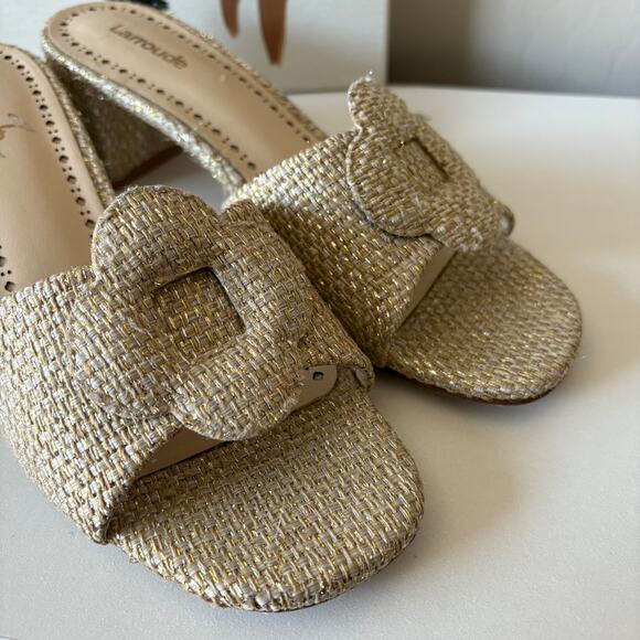 Larroude Flora Woven Raffia Gold Beige Slip On Block Heel Mule Sandals Size 7.5 - Picture 8 of 10